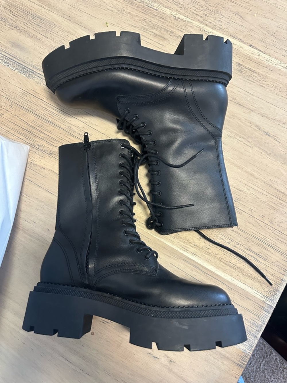 Zara Black Leather Lace-Up Ankle Boots with Side Zip